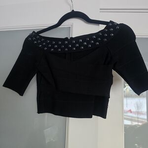 bebe Black Off-Shoulder Studded Crop Top
